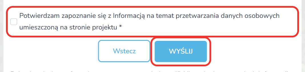 Zrzut ekranu: pole wyboru potwierdzenia zapoznania się z informacją o danych osobowych i przycisk WYŚLIJ.